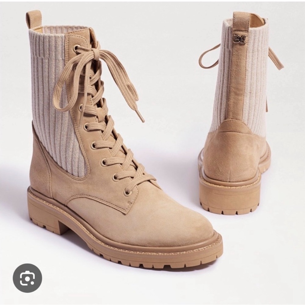 Sam Edelman Taupe Knit-Cuff Lace-Up Combat Boots
